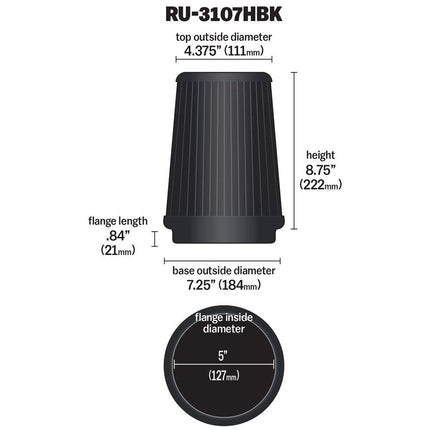 K&N Universal Clamp-On Air Filter: High Performance, Premium, Washable, Replacement Filter: Flange Diameter: 5 In, Filter Height: 8.75 In, Flange Length: 1 In, Shape: Round Tapered, RU-3107HBK