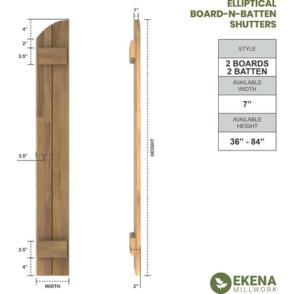Ekena Millwork ARW101BE207X34TUH Americraft Two 2 Exterior Real Wood Joined Board-n-Batten Shutters w/Elliptical Top (Per Pair), 7"W x 34"H, Turmeric