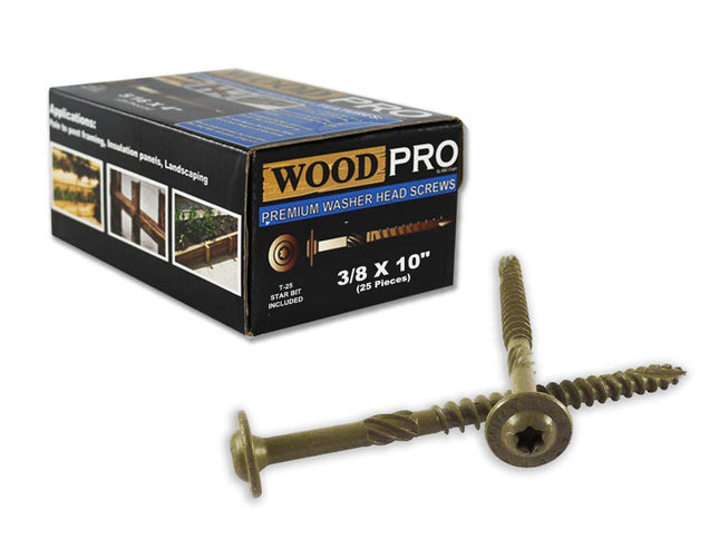 Tornillos para madera de exterior B&C Eagle WoodPro Fasteners ST38X10-25PC, cabeza de arandela redonda, 3/8 de pulgada por 10 pulgadas de largo, paquete de 25