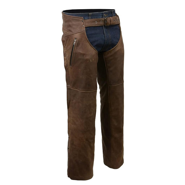 Milwaukee Leather Chaps for Men's Vintage Crazy Horse Brown Leather- Snap Out Thermal Lined Motorcycle Chap MLM5518 - X-Small