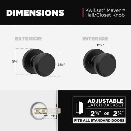 Kwikset Maven Interior Door Handle for Closet and Hallway, Round, Non-Lockable, Matte Black, with Microban Protection