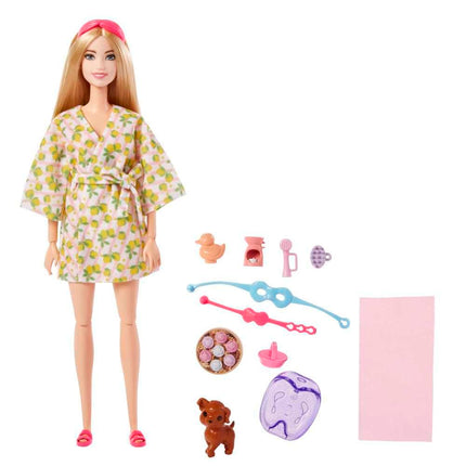 Barbie Doll, Kids Toys, Blonde Doll with Pet Puppy, Barbie Sets, Spa Day, Lemon Print Bathrobe, Headband and Eye Mask, Self-Care Series, HKT90