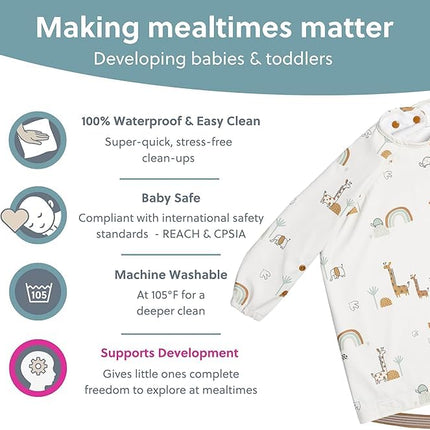 BIBaDO Long Sleeve Waterproof Baby Bib, Serengeti & Dino Roar