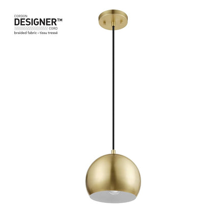 Globe Electric 60617 1-Light Pendant Light, Matte Brass, Black Woven Fabric Hanging Cord, E26 Base Socket, Kitchen Island, Café, Decorative, Ceiling Hanging Light Fixture, Adjustable Height, Modern