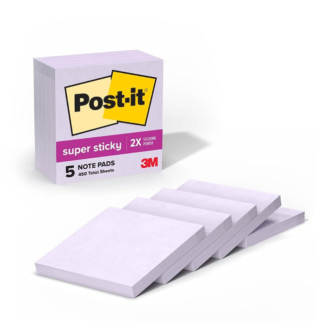Post-it Super Sticky Notes, 3x3 in, 5 Pads, 90 Sheets/Pad, 450 Total Sheets, 2X The Sticking Power, Orchid Frost Lavender