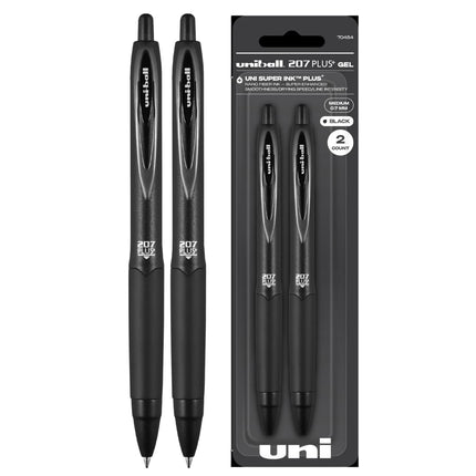 Uniball 207+ Black Retractable Gel Pens 2 Pack wit