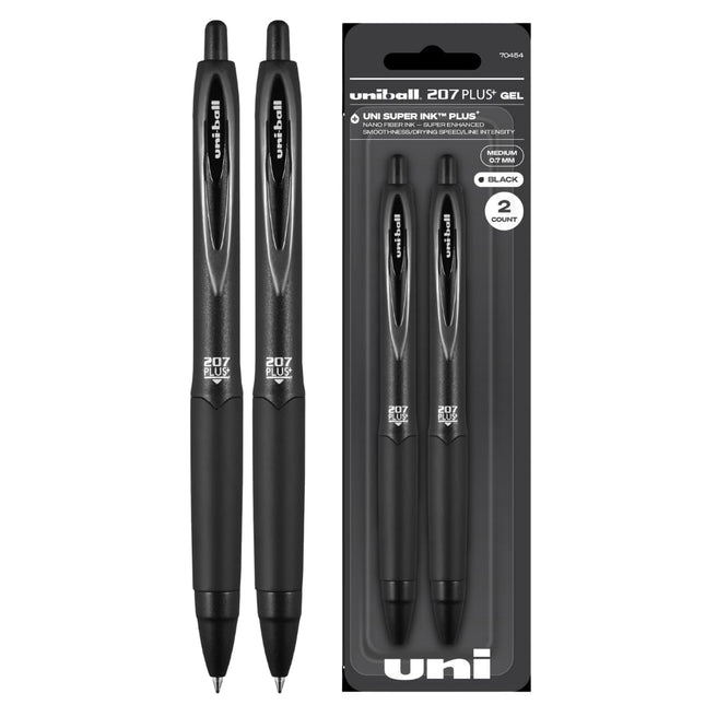 Uniball 207+ Black Retractable Gel Pens 2 Pack wit