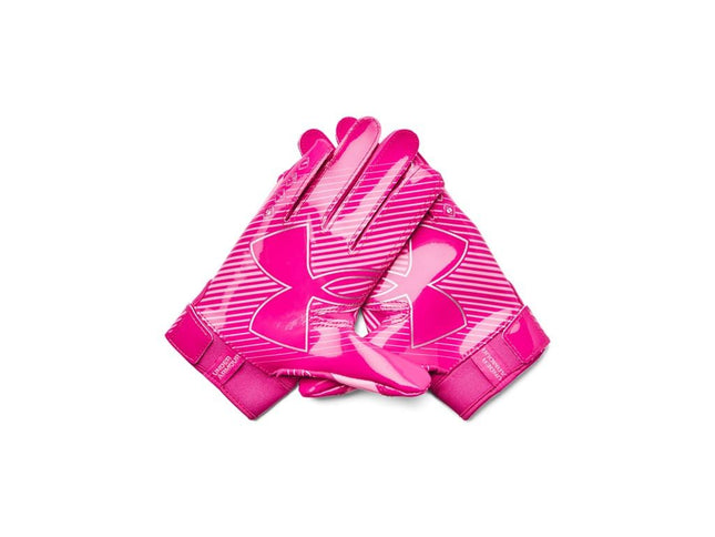 Guantes de fútbol americano Under Armour F9 Nitro para niño, (652) Rebel Pink/Fluo Pink/Metallic Silver, talla pequeña