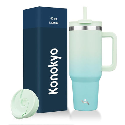 Vaso Konokyo de 40 oz con Asa y 2 Pajitas, Botella de Agua Aislada con Tapa 2 en 1 de Acero Inoxidable, Taza de Café de Viaje, Menta