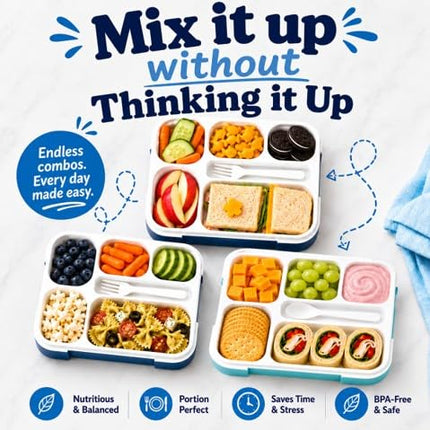 kinsho Bento-Box Lunch Boxes for Kids, Boys, Adults. Leakproof Lunch Set, Bentoboxes for School Or Work. Portion Containers. Bpa Free. 6 Compartments. Fork & Spoon. Blue & Navy Blue Large