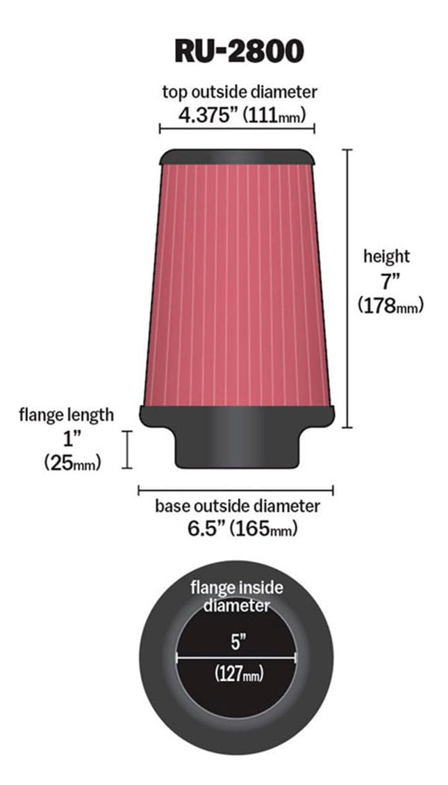 K&N Universal Conical Air Filter 127mm flange, 165mm base, 111mm top, 178mm height (RU-2800)