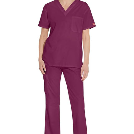 Dickies Men's Big & Tall V-Neck Scrub Double Chest Pocket Top Medical Shirt, Wine, 3XL