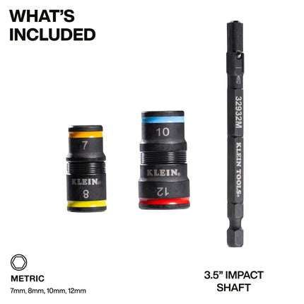 Juego de llaves de vaso de impacto métricas 4 en 1 de Klein Tools 32932M, 2 llaves de vaso reversibles con 4 medidas hexagonales métricas, 7 mm, 8 mm, 10 mm, 12 mm, eje de 3-1/2 pulgadas clasificado para impacto