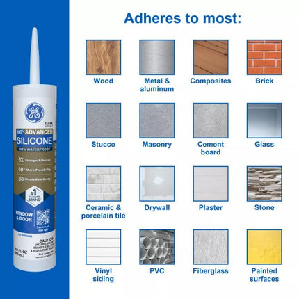 GE Advanced Silicone Caulk for Window & Door - 100% Waterproof Silicone Sealant, 5X Stronger Adhesion, Shrink & Crack Resistant - 10oz Cartridge, Clear, Pack of 1
