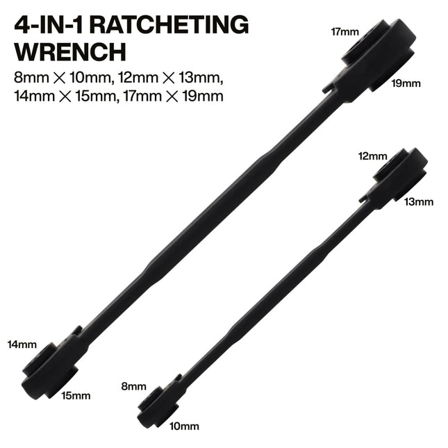 Klein Tools 68216M 4-in-1 Ratcheting Wrench Set, 2-Piece, Eight Metric Hex Sizes, 8mm x 10mm, 12mm x 13mm, 14mm x 15mm, and 17mm x 19mm Box Wrench Set, 90-Tooth Ratchet, Pass-Through Design