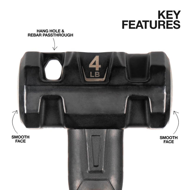 Klein Tools H80694 Sledgehammer, 4-Pound Engineering Hammer with Fiberglass Handle, Shock-Resistant Design for Striking and Demolition, Includes Lanyard Hole