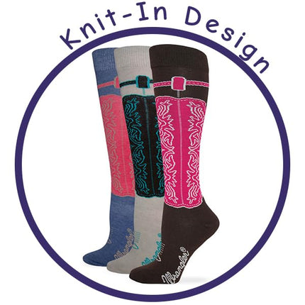 Wrangler Women's Ladies Wild West Boot Socks 3 Pair Pack, Blue/Khaki/Brown, Medium