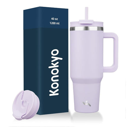 Konokyo 40 oz Tumbler with Handle and 2 Straws,2 in 1 Lid Insulated Water Bottle Stainless Steel Travel Coffee Mug,Wisteria