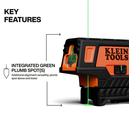 Klein Tools 93MCLPG Compact Self-Leveling Laser Level with Plumbing Point, Bright Green Cross Line, 75ft Range, Laser Class 2, Power Output <1mW, Magnetic Mount