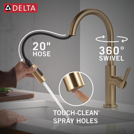 Delta Nicoli Brushed Gold Kitchen Faucet with Pull Down Sprayer, Modern Single Hole Kitchen Sink Faucet, Single Handle, Champagne Bronze 19867LF-CZ