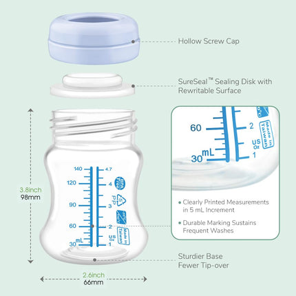 Maymom Wide-Mouth Milk Storage Collection Bottle with SureSeal Sealing Disk; Compatible with Spectra S1 S2 Bottles, 6 pc (4.7Oz/140mL, 6pc)