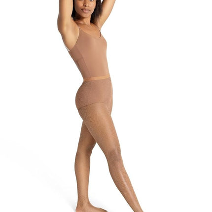Capezio Women's Professional Fishnet Tight with 1" Elasticized Waistband – Soft Nylon Sock Lining for Comfort, Solid Foot Pads, Perfect for Dance, Maple, Extra Large