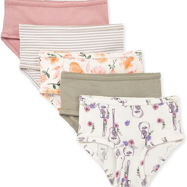 Burt's Bees Baby Toddler Girls' Underwear, Organic Cotton Panties, Tag-Free Comfort Briefs, Pack of 5, Floral Guitars, 2-3T