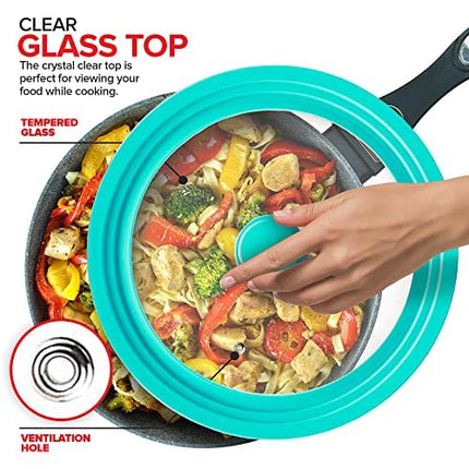 Modern Innovations Universal Lids (Set of 2) Fits 7 to 12-Inch Cookware, Silicone Replacement Pan Lid, Glass Top Covers for Skillets, Pots, Frying Pans, Cast Iron - Turquoise | Teal