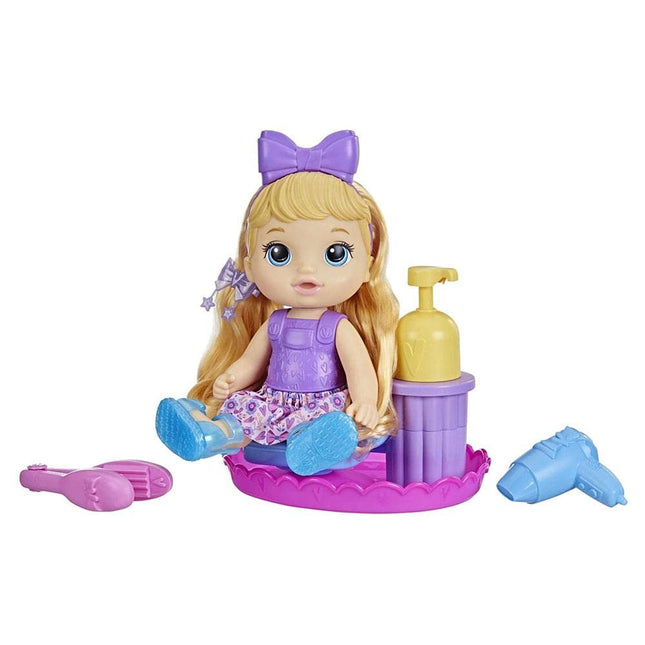 Baby Alive Estilista de Burbujas, muñeca de 30 cm para niños de 3 años en adelante, incluye silla de salón, accesorios, solución de burbujas, cabello rubio