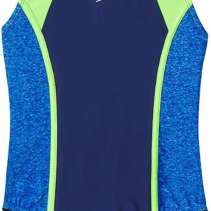 Traje de baño de una pieza con espalda cruzada Speedo para niña, Racerback Sport Splice (as1, Alpha, l, Regular, azul oscuro/verde neón)