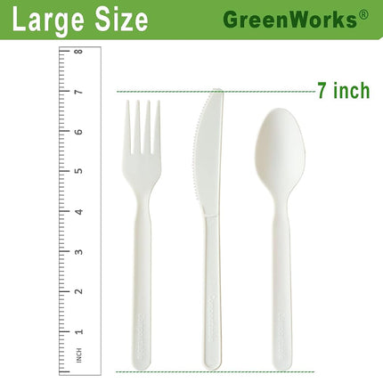 GreenWorks 100% Compostable CPLA 7" Large Disposable Cutlery Set,150 Ct(50 Forks,50 Spoons,50 Knives) Heavyweight Bio-Based Utensils Silverware Cutlery Combo