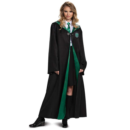 DISGUISE 107979C Harry Potter, Túnicas de lujo temáticas de las Casas de Hogwarts del Mundo Mágico, Accesorio de disfraz de capa exterior de Slytherin, Liso, Negro y Verde, Adulto XXL (50-52)
