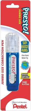Pentel Presto! Jumbo Correction Pen, Fine Point, Metal Tip, White, 12 ml/0.4 fl.oz. 2 Pack (ZL31WBP-K6)