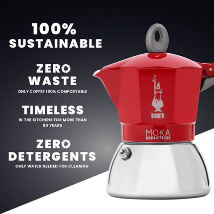 Bialetti New Moka Induction Induction Coffee Maker, 2 Cups, 100 milliliters, Aluminium, Red [Energy Class A+]