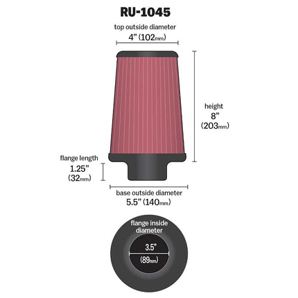 K&N Universal Clamp-On Air Filter: High Performance, Premium, Washable, Replacement Filter: Flange Diameter: 3.5 In, Filter Height: 8 In, Flange Length: 1.25 In, Shape: Round Tapered, RU-1045