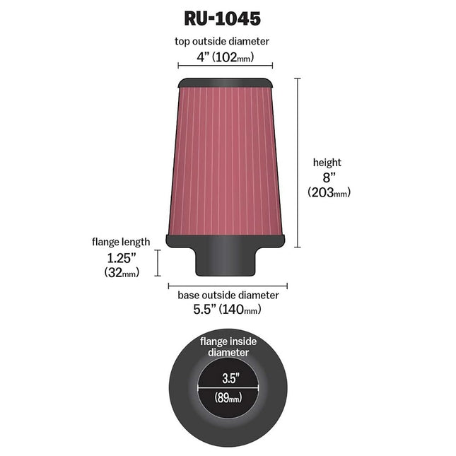 K&N Universal Clamp-On Air Filter: High Performance, Premium, Washable, Replacement Filter: Flange Diameter: 3.5 In, Filter Height: 8 In, Flange Length: 1.25 In, Shape: Round Tapered, RU-1045