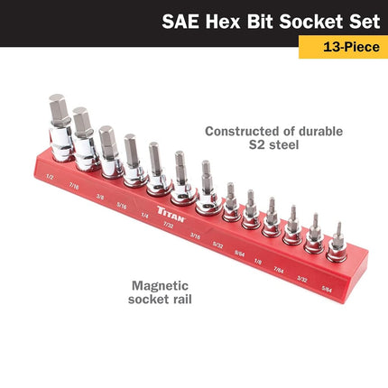 Titan 85530 13-Piece SAE Hex Bit Socket Set, Magnetic Socket Organizer with Laser-Etched Size Markings