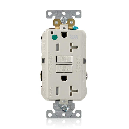 Leviton GFWT2-HGT 20A-125V Tomacorriente doble GFCI de autocomprobación, resistente a manipulaciones y a la intemperie, de grado hospitalario de servicio extra pesado, almendra clara, 20 amperios