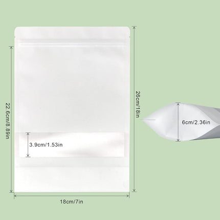 SumDirect 100Pcs White Kraft Stand Up Bags,Self-Sealing Zipper Food Pouches with U-Notch and Matte Window (100, 7x10inches)