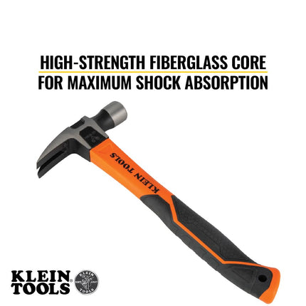 Klein Tools H80820 Straight-Claw Hammer, 20-Ounce, Fiberglass Non-Slip Shock Absorbing Grip Handle with Tether Hole, 13-Inch