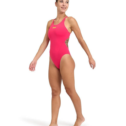 Arena Women's Standard Swim Tech Open Back MaxLife One Piece Solid Team Swimsuit, Freak Rose/Soft Green, 18