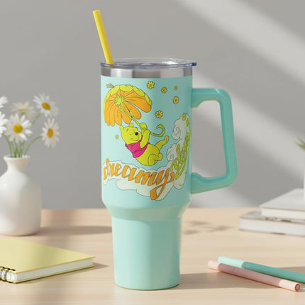 Silver Buffalo Disney Winnie the Pooh "Dreamy Days" Retro Art Stainless Steel Cup with Handle and Straw, Fits Standard Cup Holder, 1.2 l