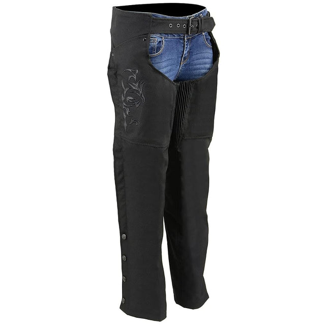 Milwaukee Leather SH1182 Women's Black Textile Motorcycle Riding Chaps with Tribal Embroidery - 5X-Large