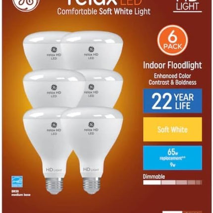 AONELAS GE Relax 6-Pack 65 W Equivalent Dimmable Soft White Br30 LED Light Fixture Light Bulb