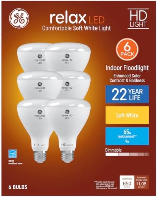 AONELAS GE Relax 6-Pack 65 W Equivalent Dimmable Soft White Br30 LED Light Fixture Light Bulb