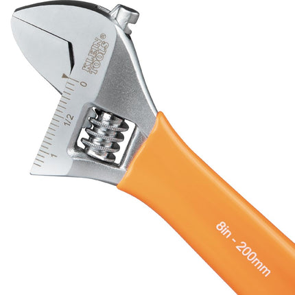 KLEIN TOOLS O5078 Adjustable Wrench, Precision Forged 1 1/2-Inch Extra-Capacity Jaw, SAE and Metric Scales, Plastic-Dipped Handle, 8-Inch