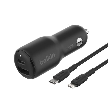 Belkin BoostCharge Dual Car Charger 42W w/Fast Charge USB-C 30W PPS & 12W USB-A Ports + USB-C to Lightning Cable for Apple iPhone 16, Plus, Pro, Pro Max, iPhone 15, Samsung Galaxy S24, & More - Black