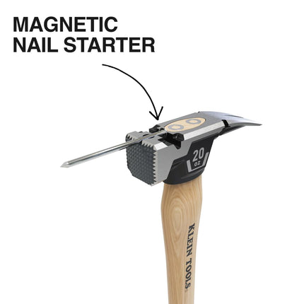 Klein Tools H80920H 20oz Straight Claw Frame Hammer Forged Steel Hickory Handle California Frame Style Magnetic Nail Starter and Extra Large Square Face