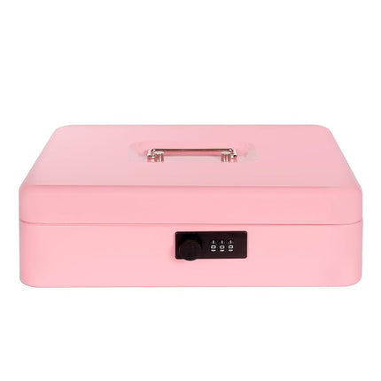 Cash Box with Money Tray and Combination Lock, Metal Money Box for Cash Register, Tiered Lock Box for Money 11.8" x 9.4" x 3.54" Pink