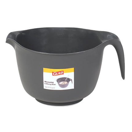 Glad Mixing Bowl with Handle – 3 Quart | Heavy Duty Plastic with Pour Spout and Non-Slip Base | Dishwasher Safe Kitchen Supplies for Cooking and Baking, Grey